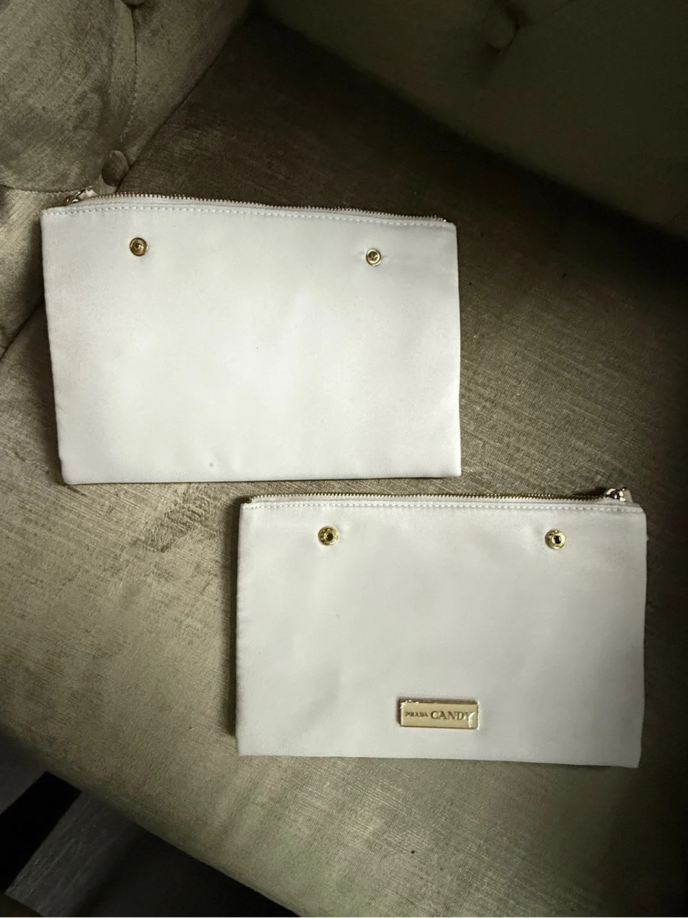 Prada Candy White Double Envelope Zip Pouch Set Clutch Satin Makeup Bag Travel